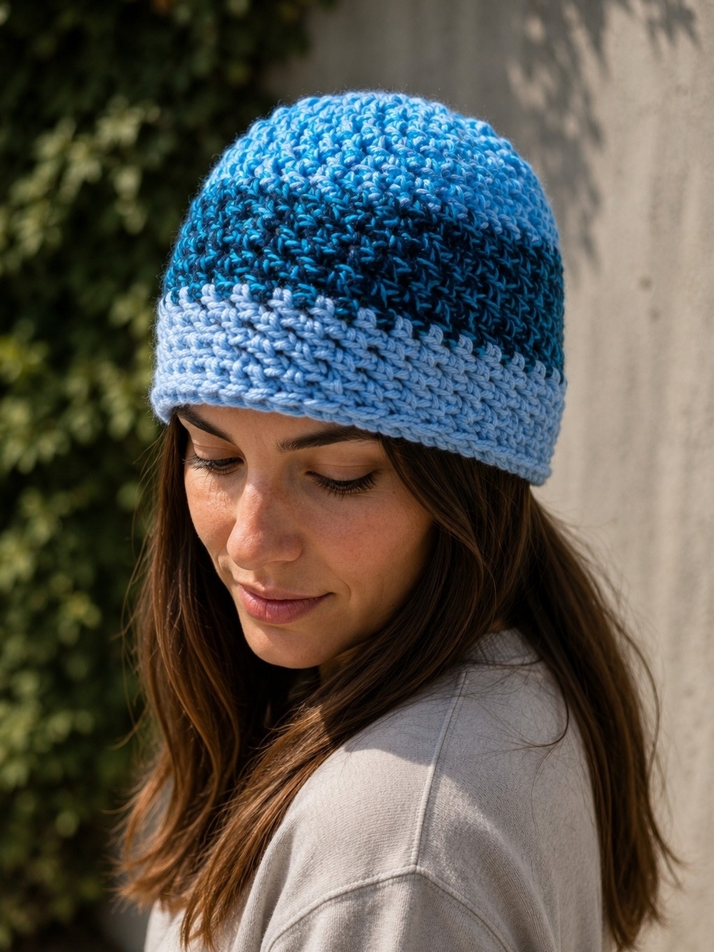 Handmade Crochet Beanie Light Dark Blue Stripe